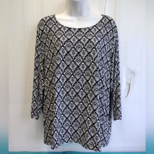 JM Collection Womens 3/4 Sleeve Pullover Blouse Top Black White Diamonds 1X